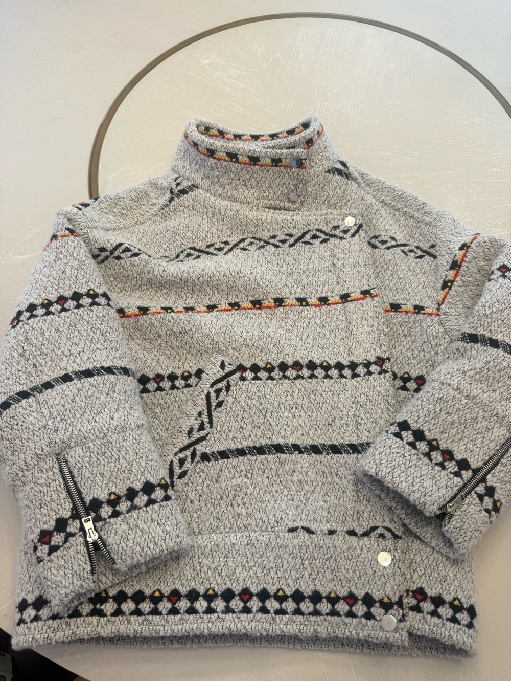ba&sh Grey Textured Wool Mock Neck Crossover Jacket with Multicolor Trim